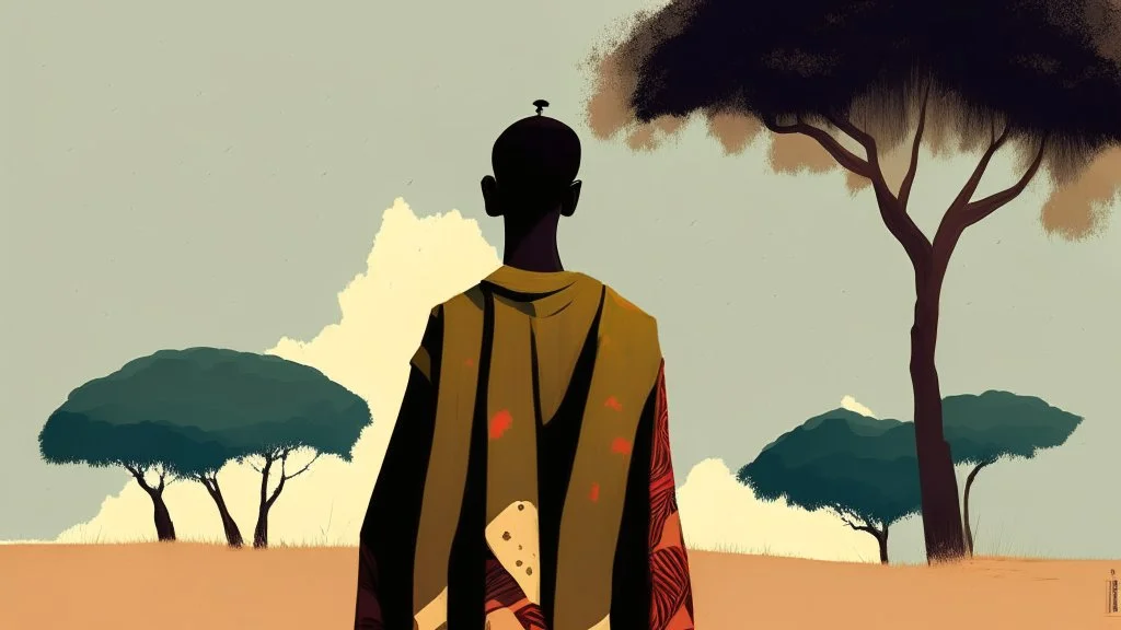 Design, African man, oil painting, featureless, graphic, drawing without facial features, background, sky, trees, traditional clothes, cartoon, looking left