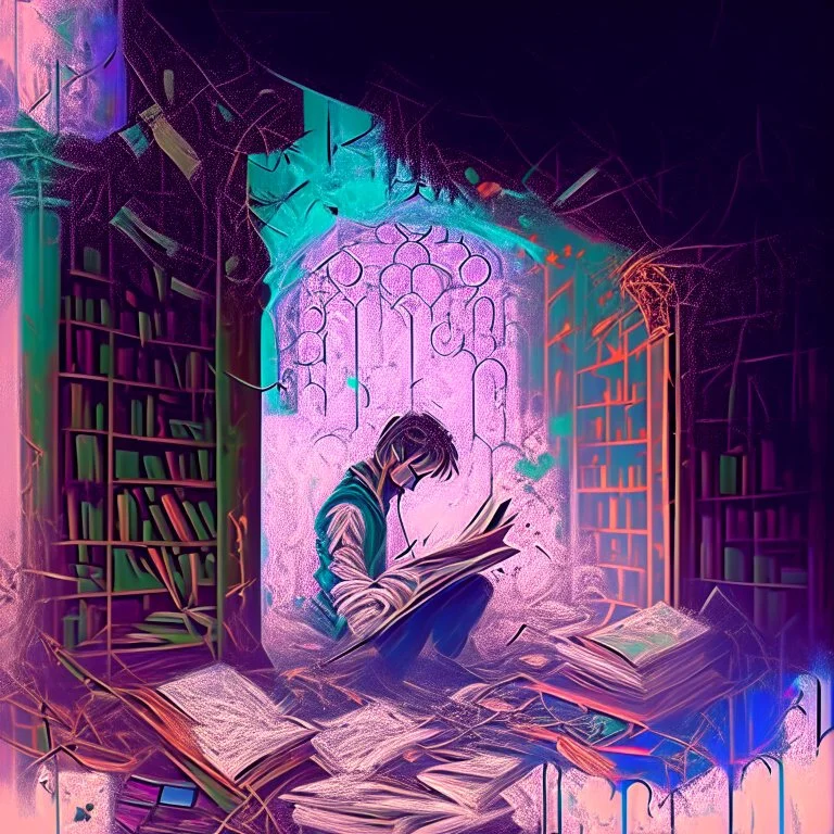 create a watercolour painting, In this artwork, a drug addict is seen in a dilapidated room surrounded by books and ancient scrolls. As they consume the substance, their mind is transported into the vast and magical library of their imagination. Each book represents a different fantasy world, and the addict becomes the curator of this ever-expanding repository of dreams.