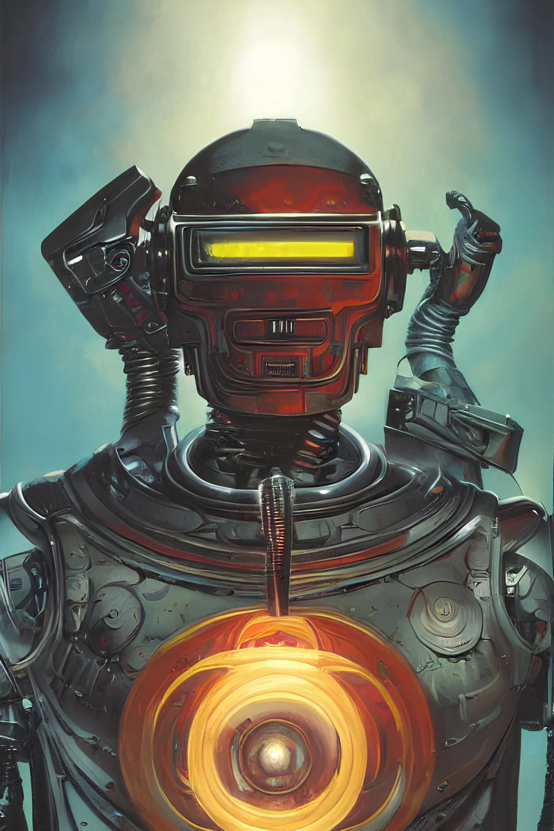 cinematic bust portrait of psychedelic robot from left, head and chest only, exotic alien features, robotic enhancements, desaturated, Tim Hildebrandt, Wayne Barlowe, Bruce Pennington, donato giancola, larry elmore, oil on canvas, masterpiece, trending on artstation, featured on pixiv, cinematic composition, dramatic pose, beautiful lighting, sharp, details, hyper-detailed, HD, HDR, 4K, 8K