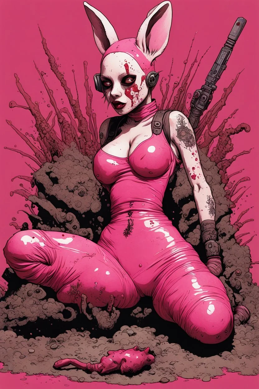 Tank girl, lying pose, rabbit mask, pink short hair, latex suit, highly detailed, fullbody, splashes blood, behind guts rising from the ground, papercut illustration by <John Kenn Mortensen>, darkred tones,