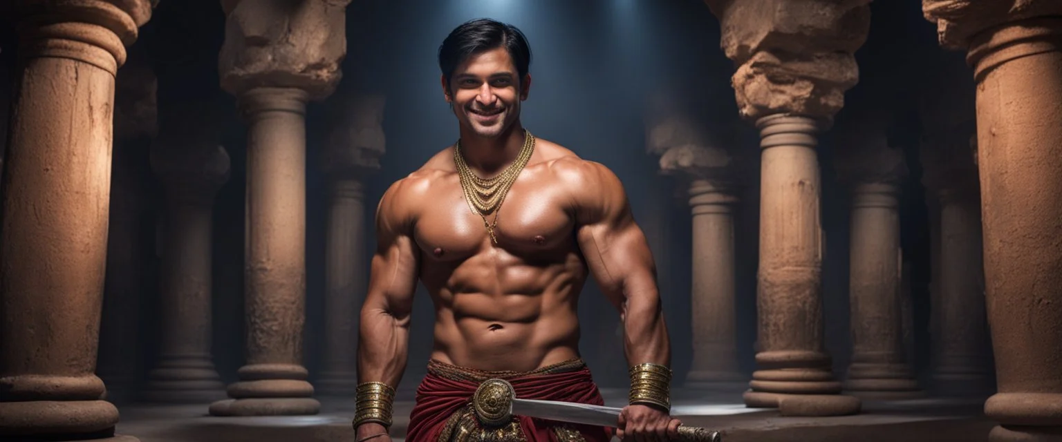 Hyper Realistic shirtless muscular handsome short black hair Indian King smiling & holding sword in a huge dark catacombs with traditional pillars at night