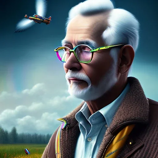 old man with glasses, with dog travels the rainbow bridge, photorealistic, 8k