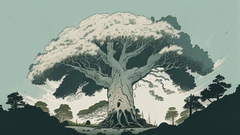 Giant white tree in a small sized forest reaching in to the sky. comic style