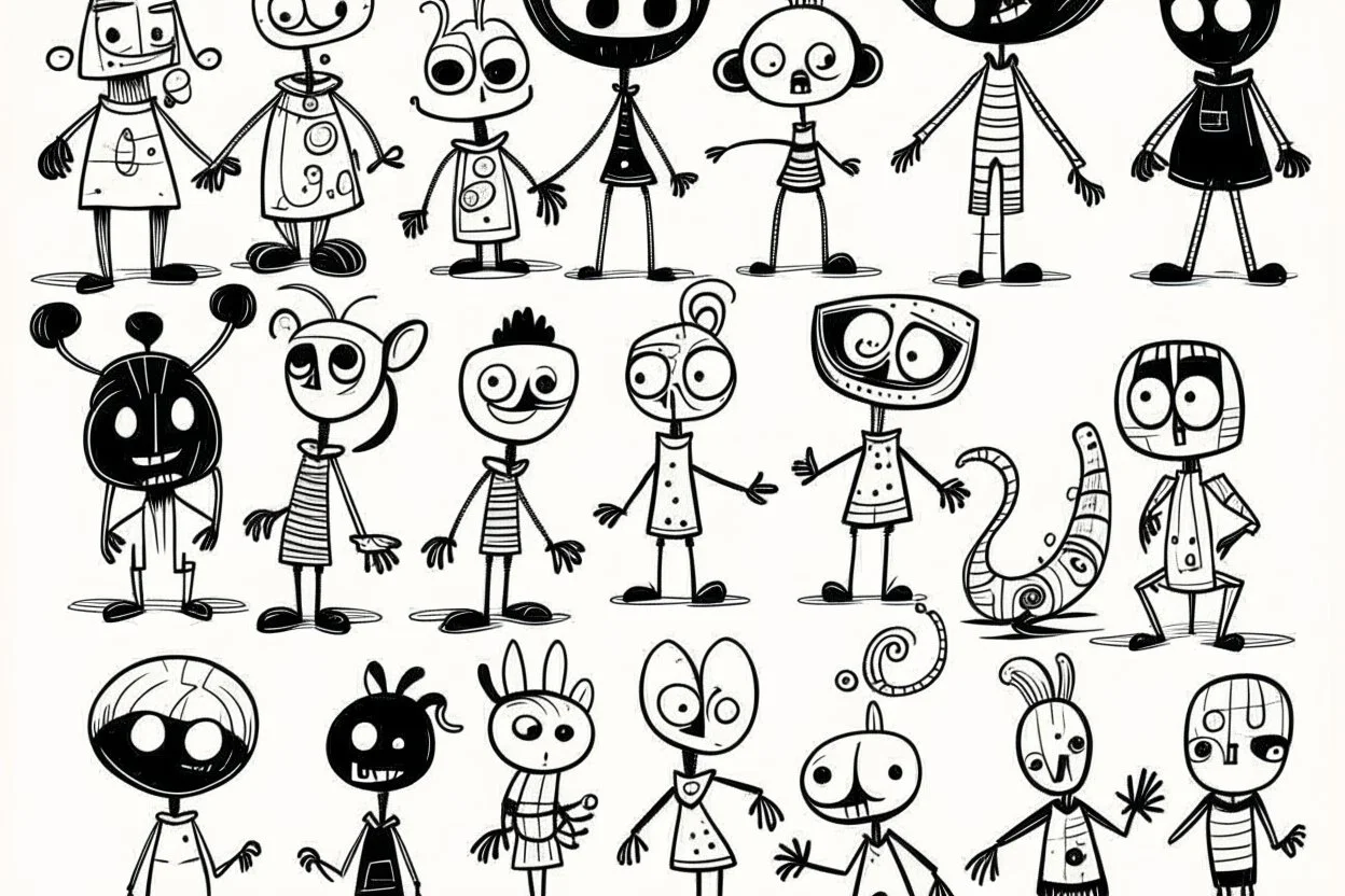 make a bunch of simple hand-drawn spooky and cute cartoon characters with bodies arms, and legs I could draw and make them all different make them looks like the 50s and 60s cartoon art