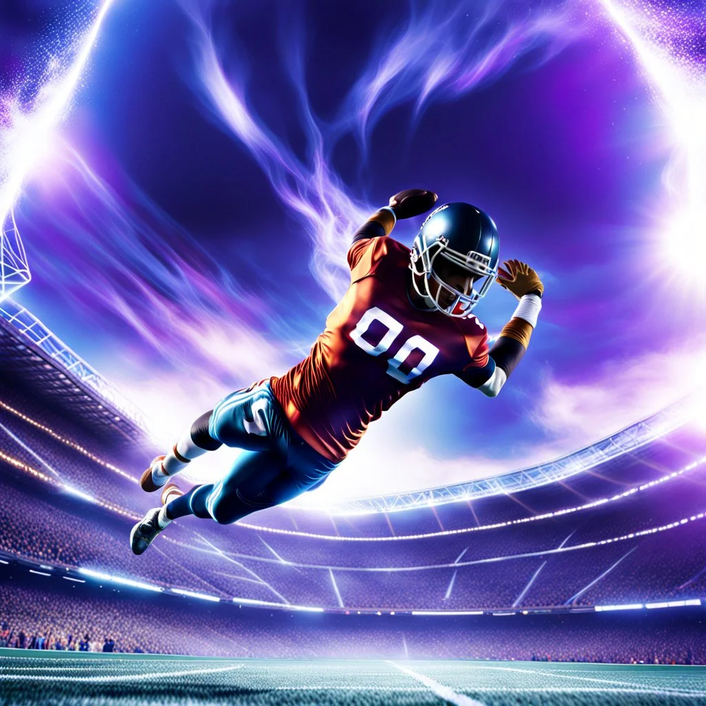 smooth infinity symbol ∞ on shirt, American football player diving with an American football in both hands to score, striking, vibrant, chiaroscuro, dramatic, captivating, powerful, fantasy, beautiful, octane render, 16k post-production, artstation: award-winning: atmospheric: commanding: fantastical: clarity: ultra quality: striking: brilliance: stunning colors: amazing depth; lens: f/11, 35mm
