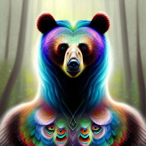 portrait of bear peacock as cute woman, fine pencil, spray paint, chalk, blurred forest background, mist, sunrays