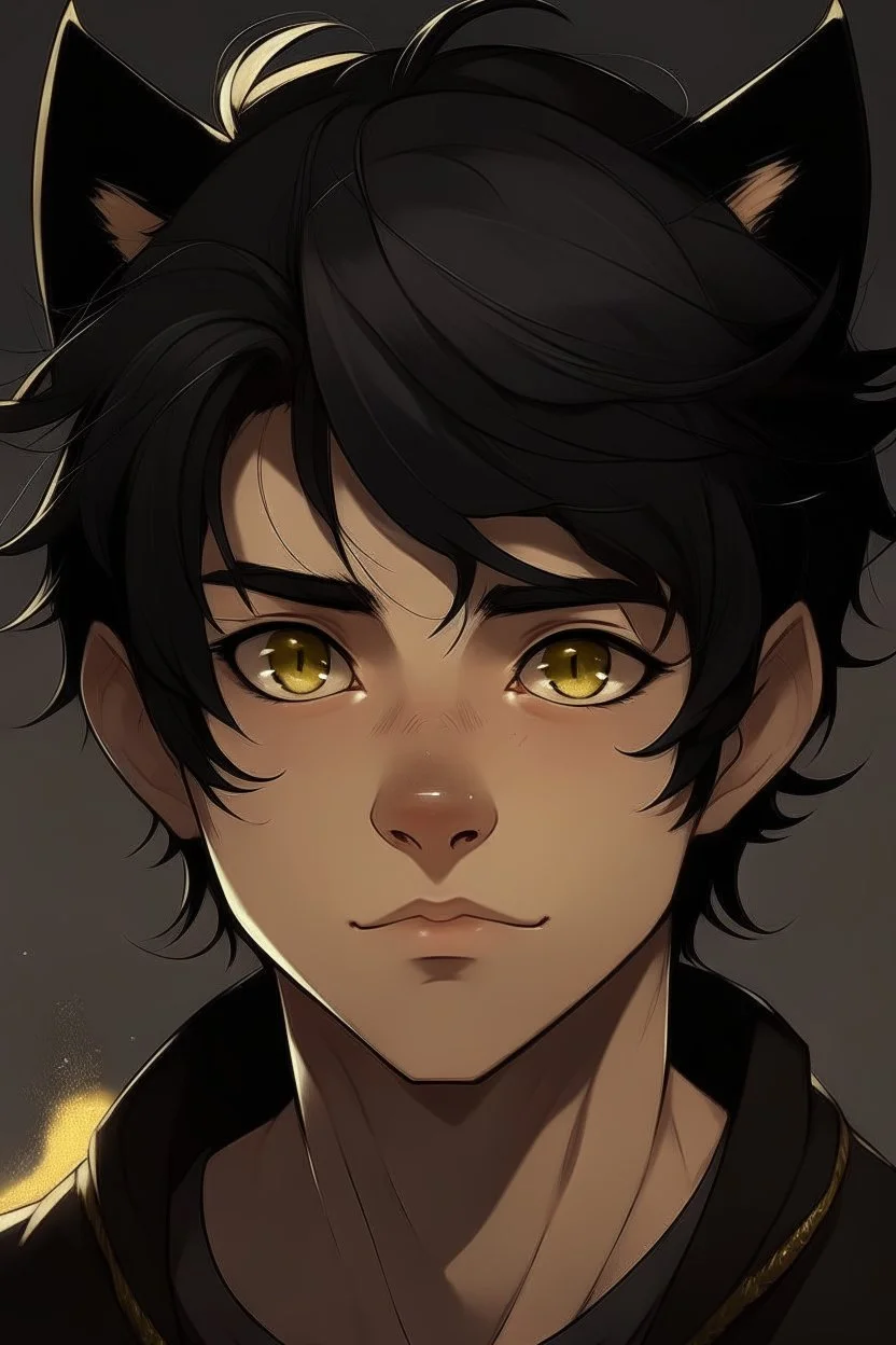 A young male with messy black hair, gold eyes, black cat ears