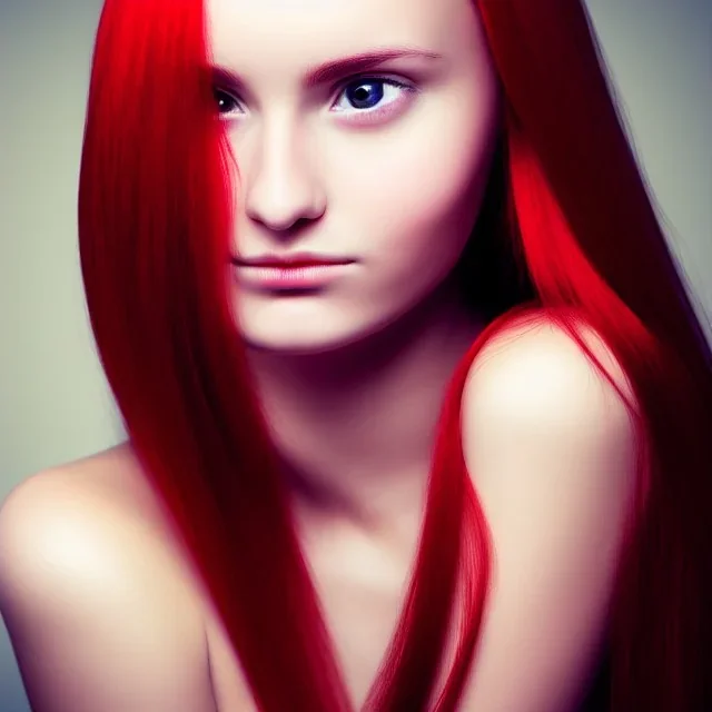 face of a beauty young woman head and gaze downcast with fine features and long red hair