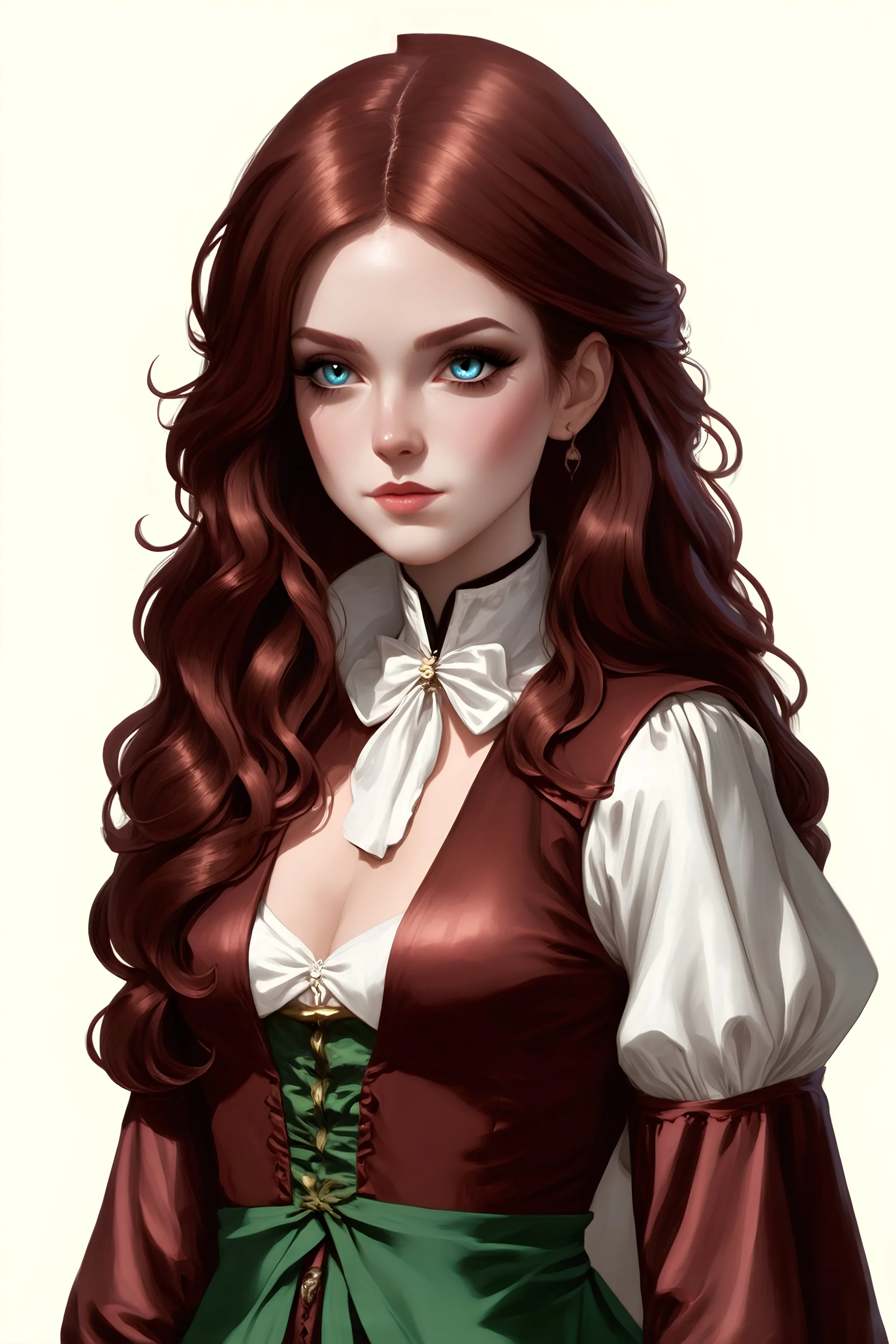 {{Woman}}, Female, Fair Complexion Skin Tone, Long Hair, Dark Red Hair, Adult, {{Perfect blend of Rose Dewitt Butaker+Madelaine Petsch}}, {{Emerald Green Eyes}}, Blue Cloth Medieval Attire, Ultra realism