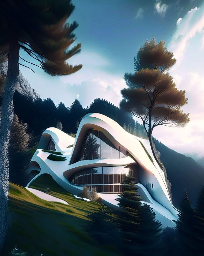 Villa on the mountain architecture Zaha Hadid trees clear sky clouds 8k