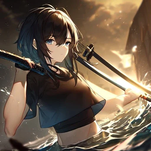 Clear focus,High resolution, black short fluffy hair, long fluffy bangs, and dark blue eyes, Depressed girl, wearing a black short shirt with a black sleeveless crop top, dark aura, controlling water, in a black room, holding a katana