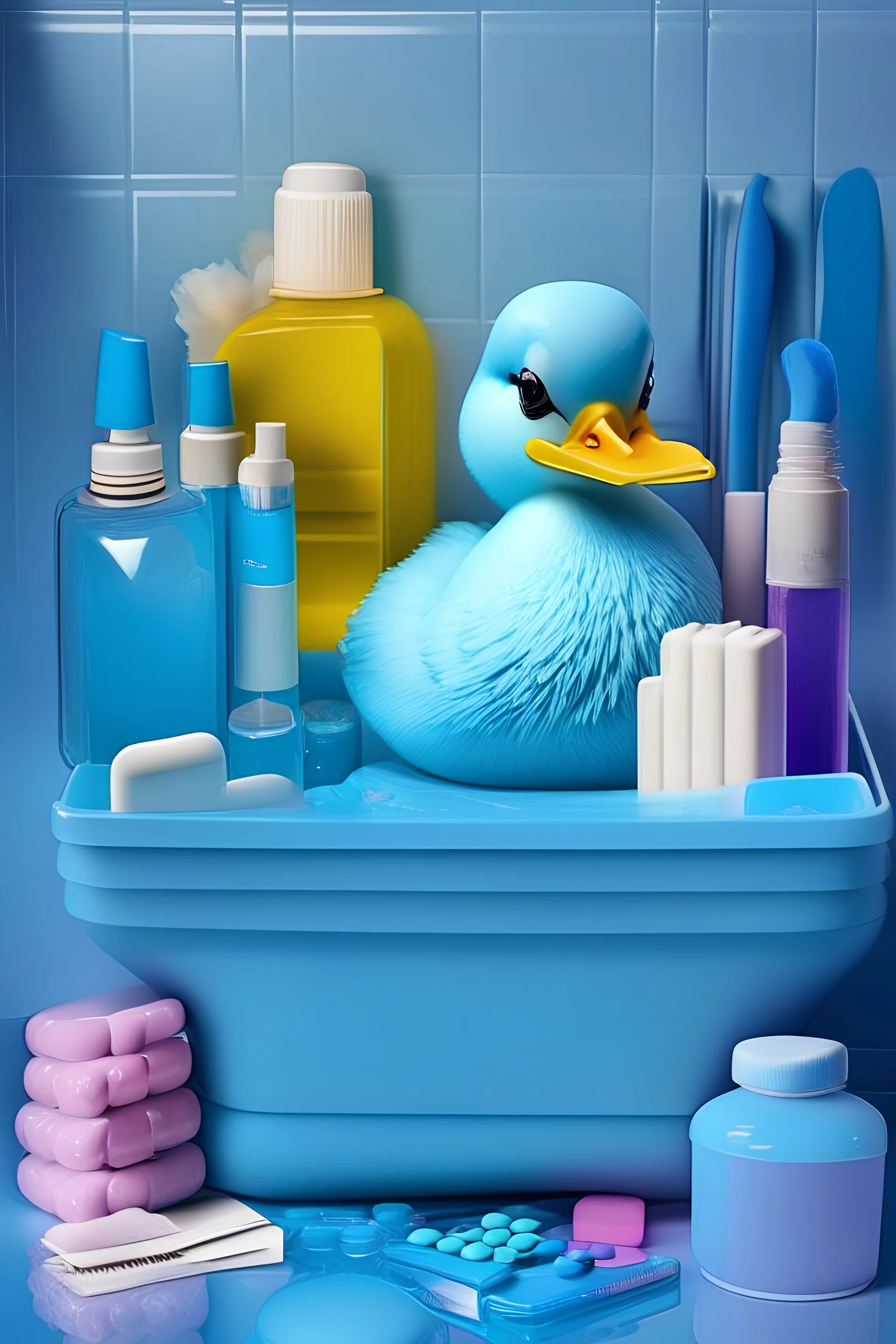 Glamour bath rubber duck. Sitting at manicurists cabinet. Surrounded by nail polishes, files, tools. Use light blue colors, gradient