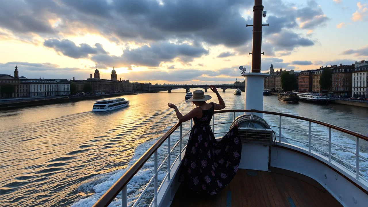 UK oxford street over times river, on wide deck of a big moving ship beautiful lady dancing ,ships in river, cloudy sky,sunset,golden sky