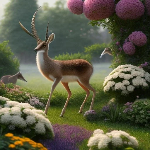 pixar style, volumetric summer garden environment and background, realistic painting of gazelle, looking excited, volumetric lighting, dramatic lighting, detailed digital painting, extreme dense and fine fur, anime, ornate, colour-washed colors, elegant, small minutiae, tiny features, particulars, centered, smooth, sharp focus, renderman gofur render, 8k, uhd, detailed eyes, realistic shaded volumetric lighting, sunlight caustics, backlight, centered camera view