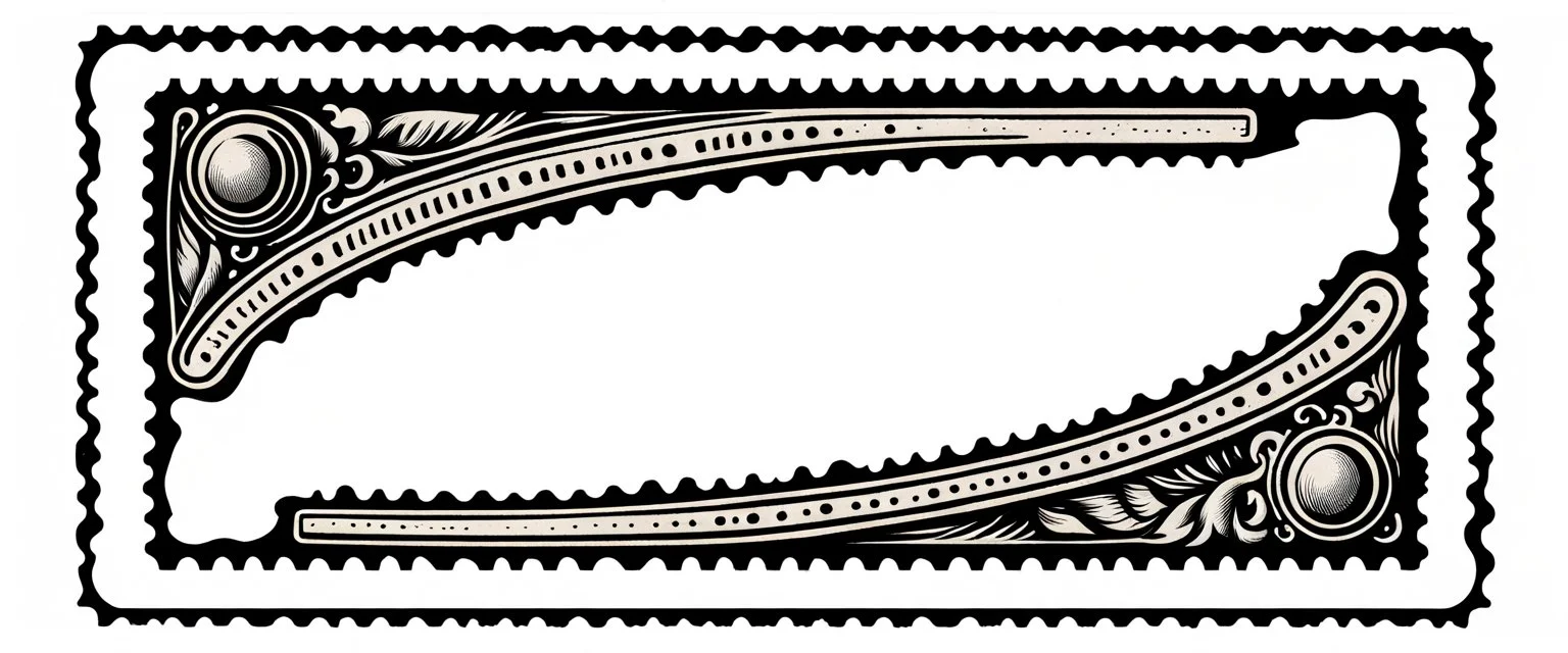 an old engraved stamp with decorative corner elements in the top left and bottom right inspired by steam locomotive railroad. antique printing