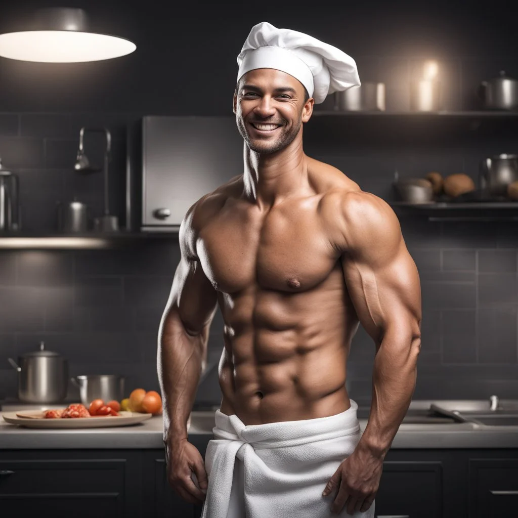 Hyper realistic very handsome shirtless muscular short black hair male chef smiling & standing wearing a towel in a dark kitchen