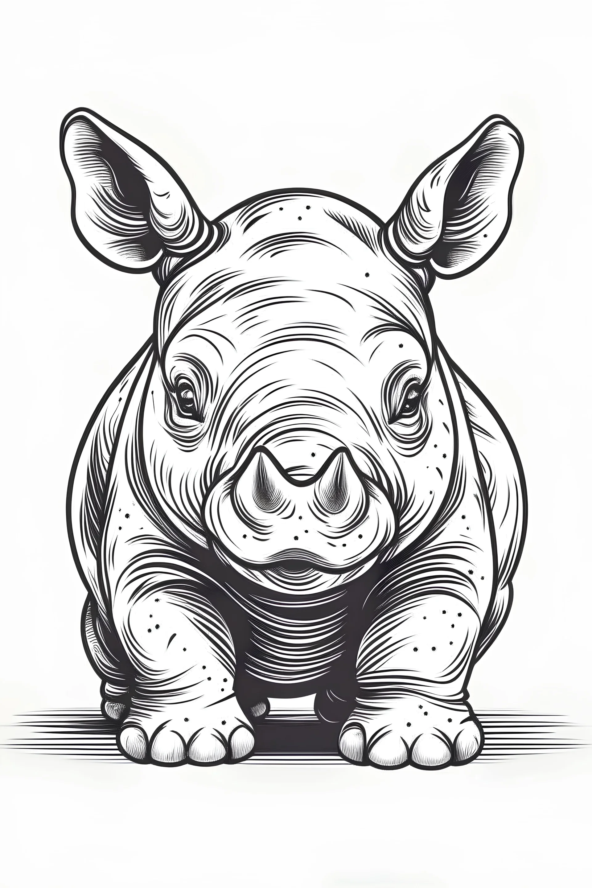 simple outlines art, bold outlines, clean and clear outlines, no tones color, no color, no detailed art, art full view, full body, wide angle, white background, a smiling cute baby rhino