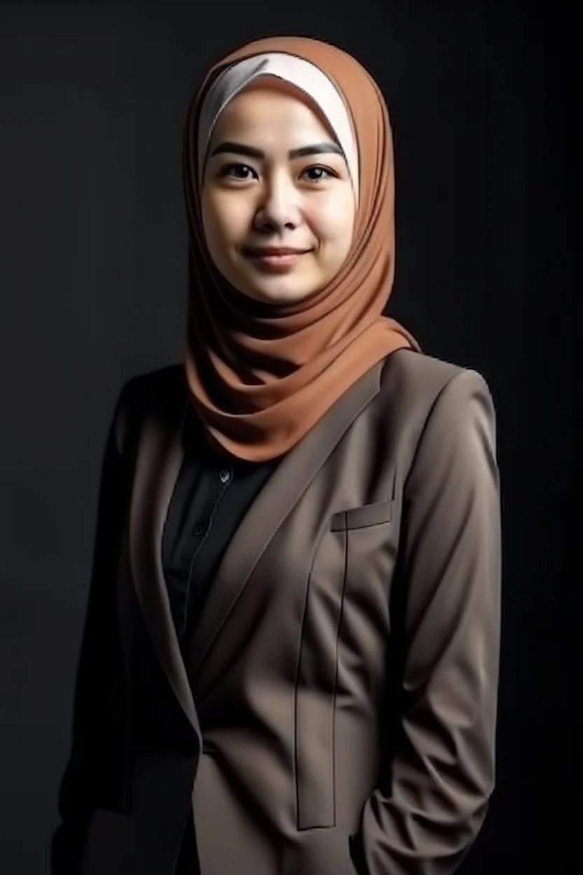 a muslim woman, fair skin, Malay race, standing posture, young executive