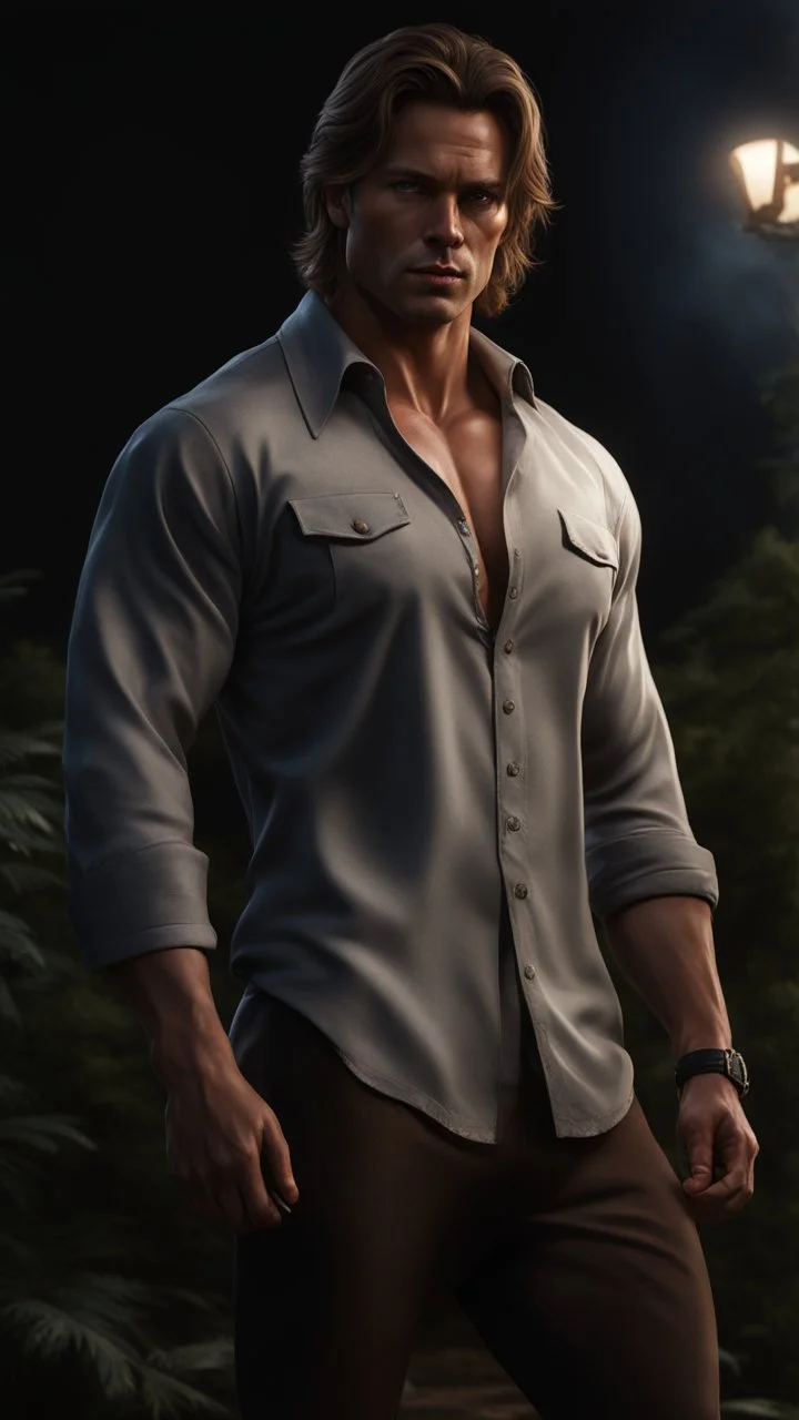 muscular 35 year old male with messy medium length light brown hair, slight upward curve of his lips, wearing a loose fitting shirt, photorealistic, dark fantasy, outside scene