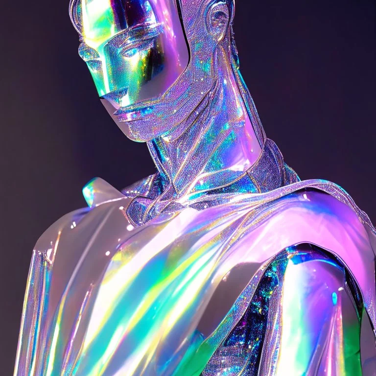 a male robot wearing a iridescent cloth