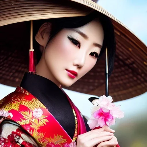 close-up of a gorgeous, stunning Japanese woman with bamboo umbrella, cherry blossoms, kimono, 8k, high-quality, ultra-fine detail, detailed matte, digital art, octane render, Brian Froud, Howard Lyon, Anna Dittman, Anne Stokes, Selina French, Greg Rutowski