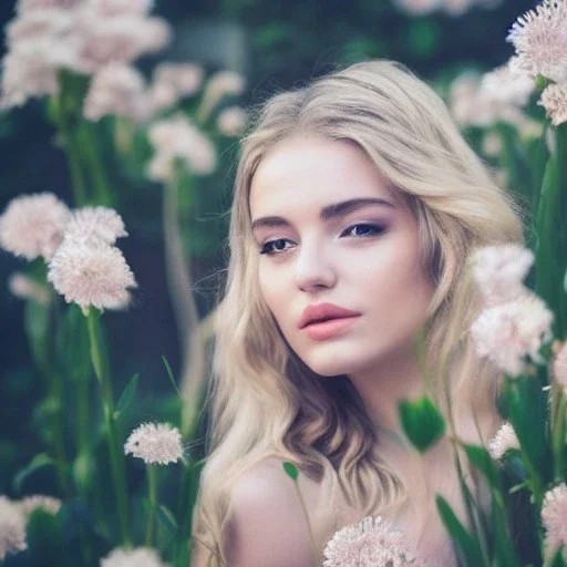 Fleur en cristal, lumière, visage de très belle jeune femme, cheveux longs blonds, fleurs