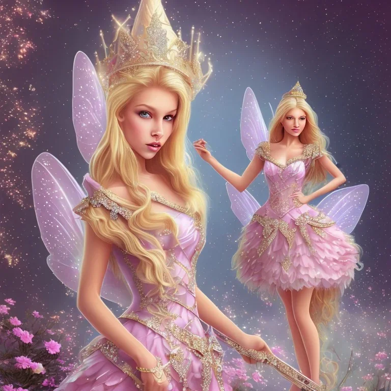 blond beautiful princess fairy with sparkle dress with pink castle background