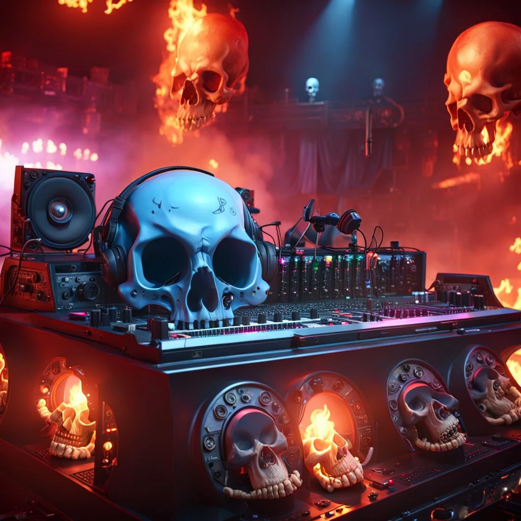 DJ of the damnded, insanely detailed DJ booth in hell, MID set, speakers and equipment made of bone, anatomically correct, add more skulls in th audience, photorealism, vray, 8k 3d https://stablecog.com/generate?o=a67b60e0-edd2-418d-9744-d1d585055d7fv https://stablecog.com/generate?o=93026b00-ac6b-436a-bc57-6aa04073d4a9