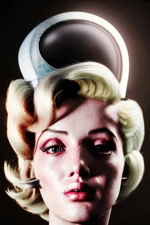 Ultra Realistic image, portrait, blonde woman, sweet Marylin Monroe face, perfect iris, glow eyes, makeup. Retro sci-fi style, helmet, tight latex coat, fog, rain, soft color, highly detailed, unreal engine 5, ray tracing, RTX, lumen lighting, ultra detail, volumetric lighting, 3d, finely drawn, high definition, high resolution.