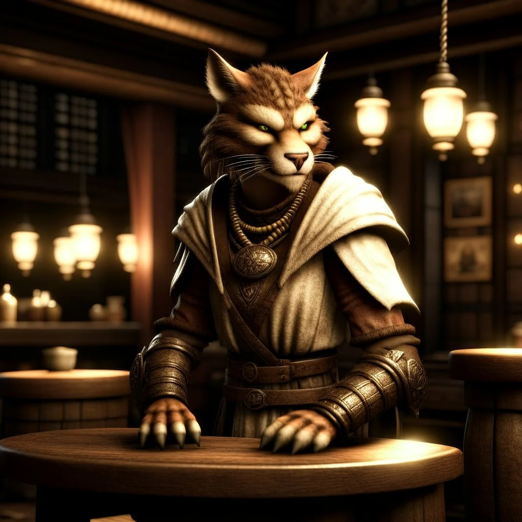 A distressed male khajiit from Skyrim dressed in rags with brown spotted fur in a medieval fantasy tavern