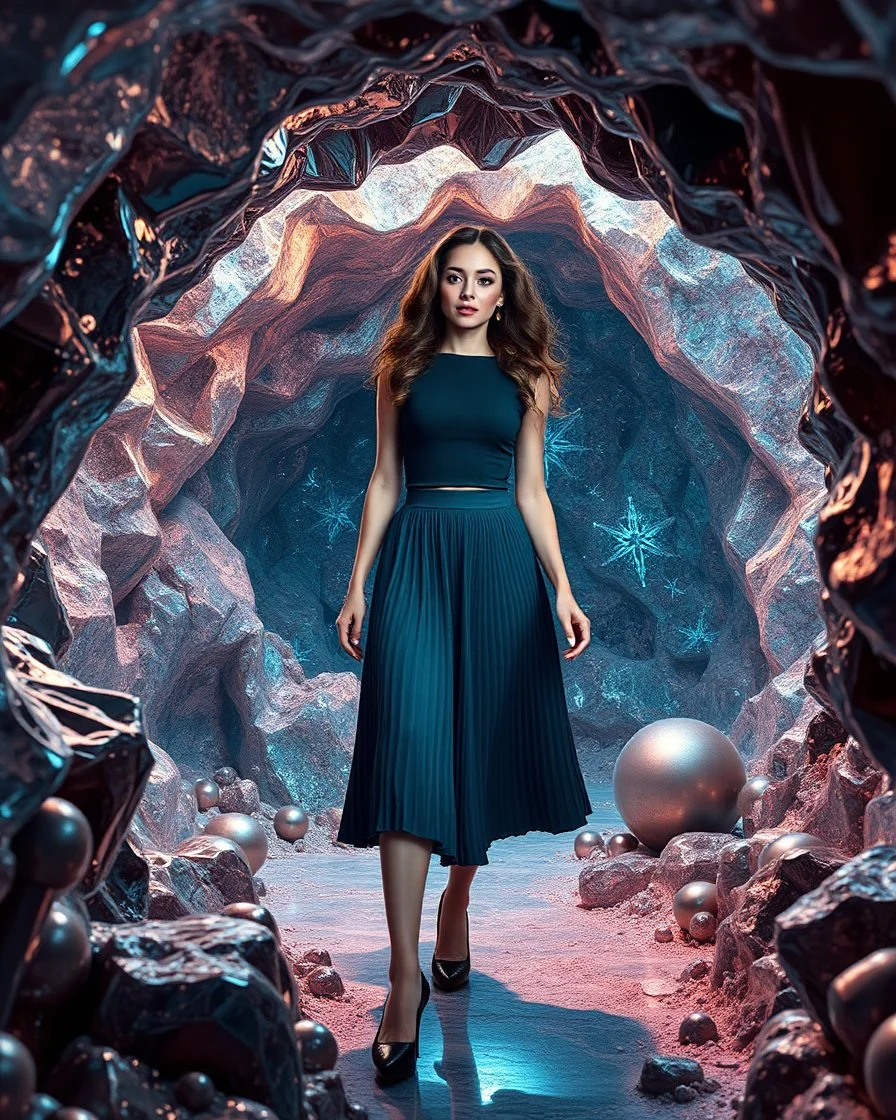 make a picture pretty cave made of crystal and metallic 3d fractal recursive cubic and sphere base structures and a beautiful fashion model lady with cute,with dark cyan decholte top and pretty pleated midi skirt,siver,curvy long hair,makeup, she walks in cave ,dynamic camera fallow her inside cave capturing full body, dynamic lights.