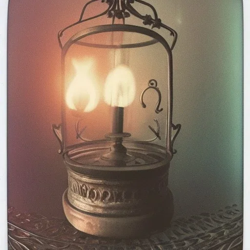 polaroid of fireflies inside a wrought iron bell jar, luminescent glow, moody, tender, ornate, hyper realistic, photorealistic, curling steam and smoke