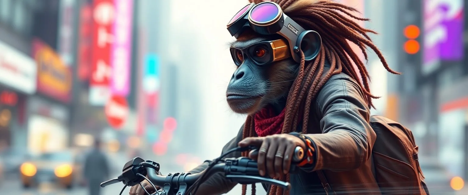 wall poster of transparent biker woman monkey weasel rasta man with cute fur, in big cyberpunk city crossover, volume light and motion blur, airbrush and pen outline