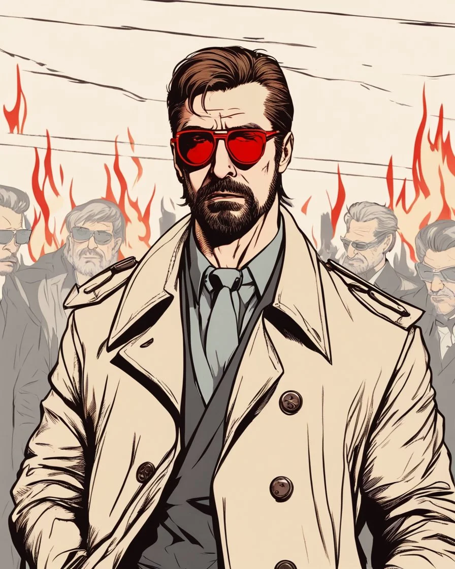 a young man with big muscles who looks like hans gruber wearing a trench coat and red sunglasses staring with an irritated look on his face standing in front of a fire