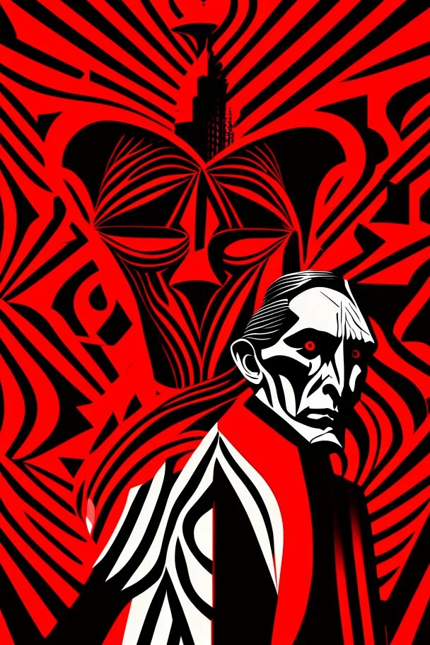 Woland, Behemoth, Korovjov from Mikhail Bulgakov’s The Master and Margarita, red background, black, white figures, opart