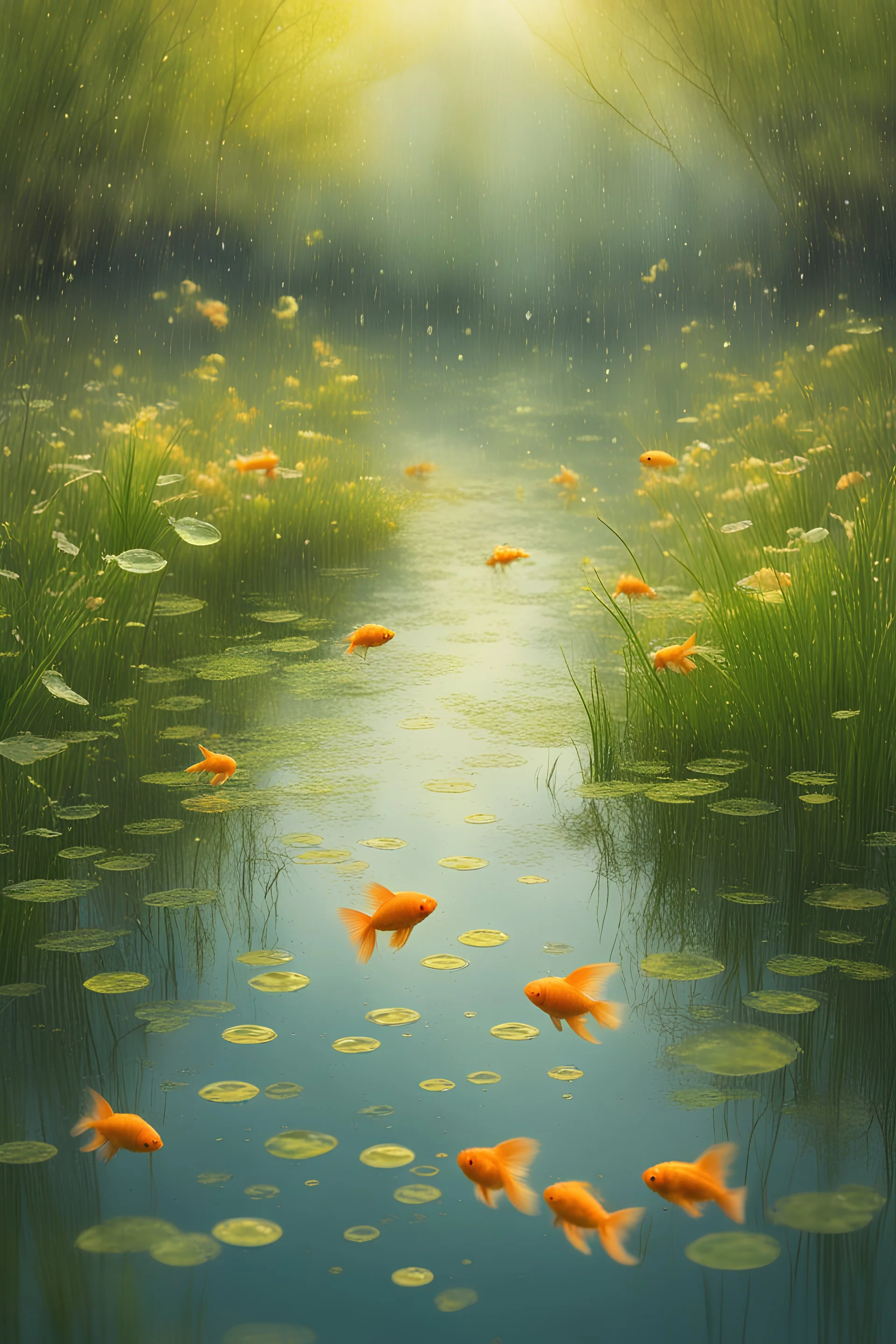 Spectral world. It's raining on a still pond in a gorgeous early spring setting. Raindrops hitting water. Each raindrop makes a tiny ripple as it hits the water. Many tiny ripples from each raindrop as it hits the water, all over the pond. Wonderfully delicate, calm and refreshing. Yellow greens of early spring. Metallic gold. Goldfish is jumping out of the water, waterlillys is glowing in purple colors.