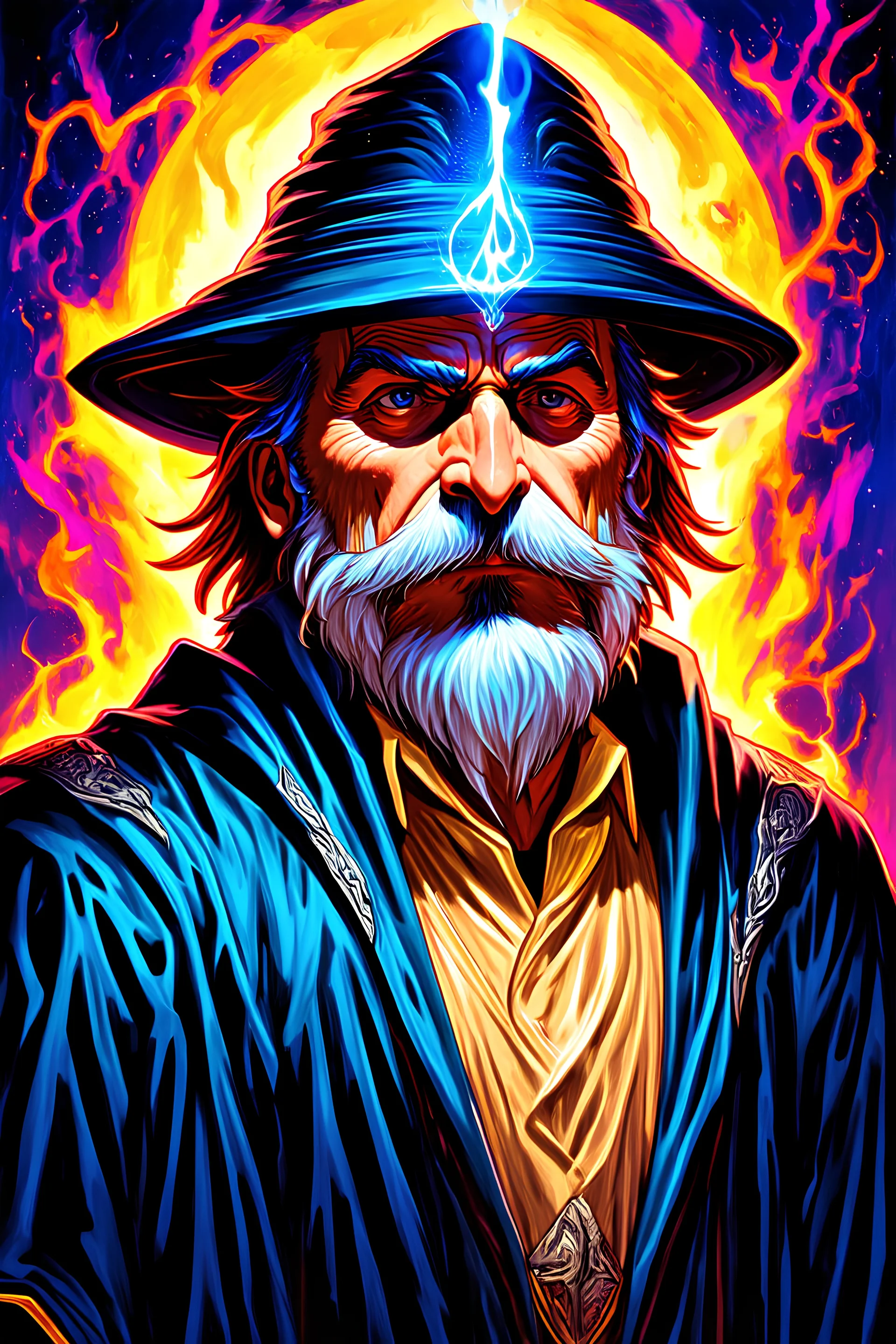 portrait of Merlin for a tribute page with him casting a spell with vibrant colors be bold and creative make modern