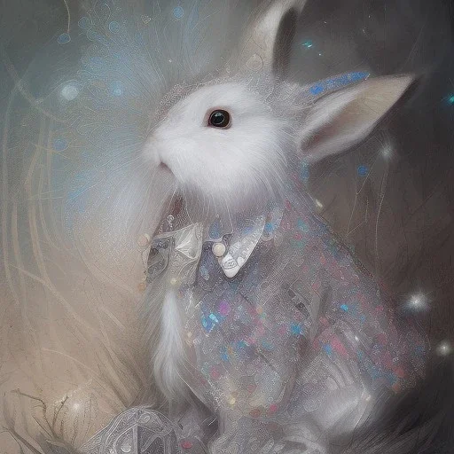 white platinum rabbit with blue third aye and butterfly wings, aboriginal, dot painting, indiginous, dot, mud, dream-time, abstract, dots, natural pigment, extremely sharp detail, finely tuned detail, ultra high definition, 8 k, unreal engine 5, ultra sharp focus, art germ and Paul Lewin and Kehinde Wiley