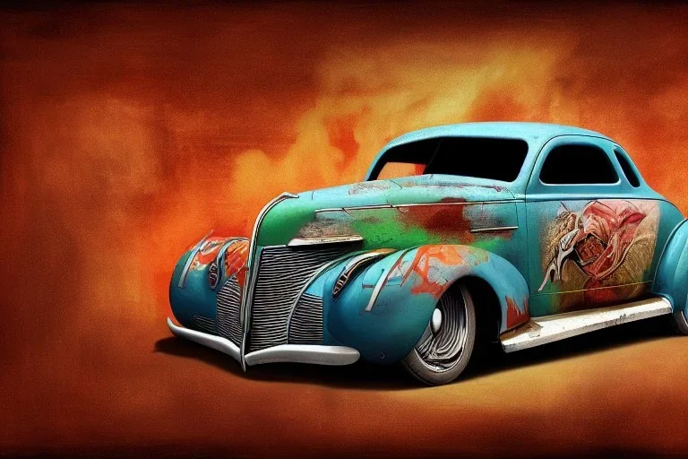 abstract painting in the randomly mixed art styles of salvador dalí and aaron horkey, 1939 chevrolet coupe, chopped roof, lowered, classic dragster wheels, industrial buildings background, intricate details, cinematic, 8k, octane render, centered camera view, hdr, uhd, pivot on chevrolet