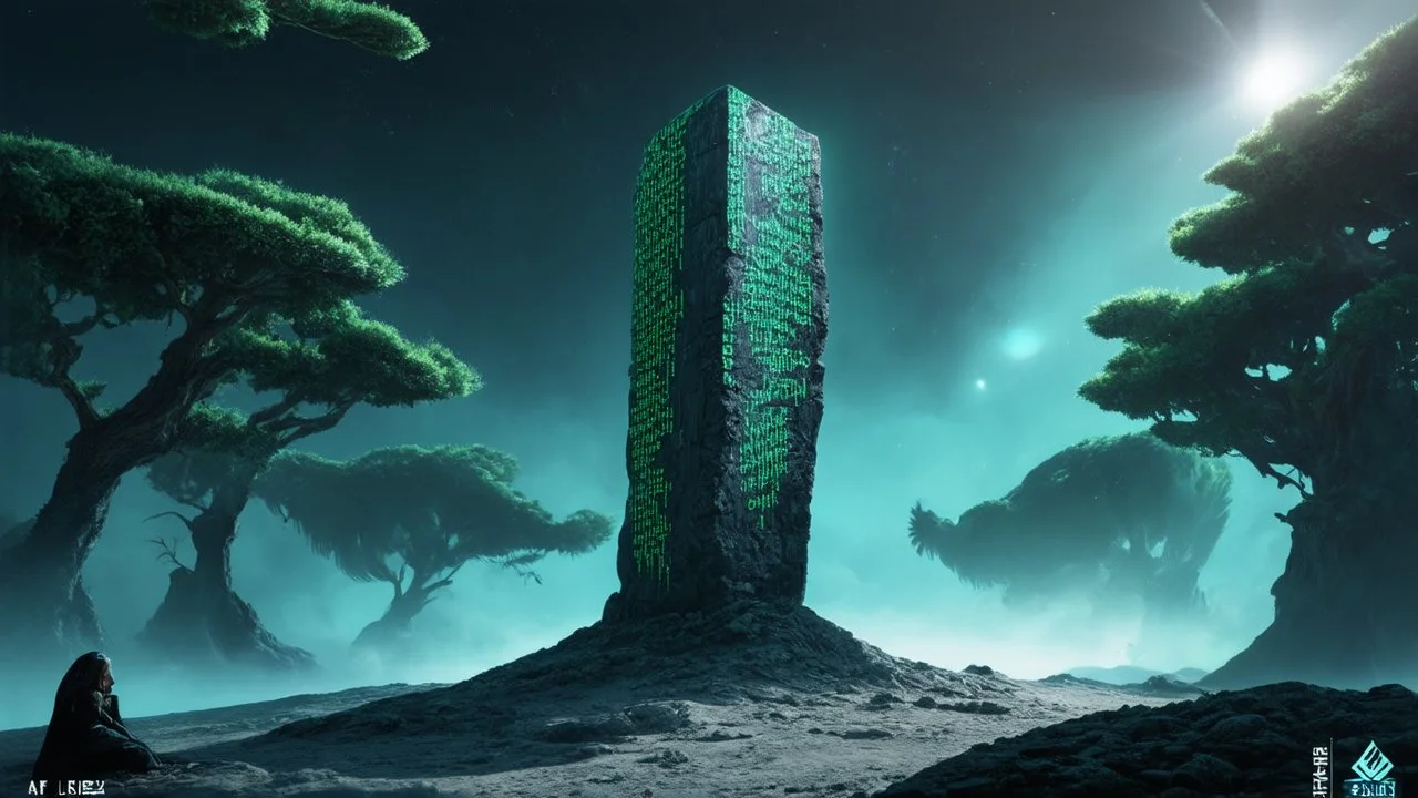 few tiberium monolith deposits on the planet with a space trees on the left and right side, matrix codes and the back ground of the angels siting monolith made of tiberium