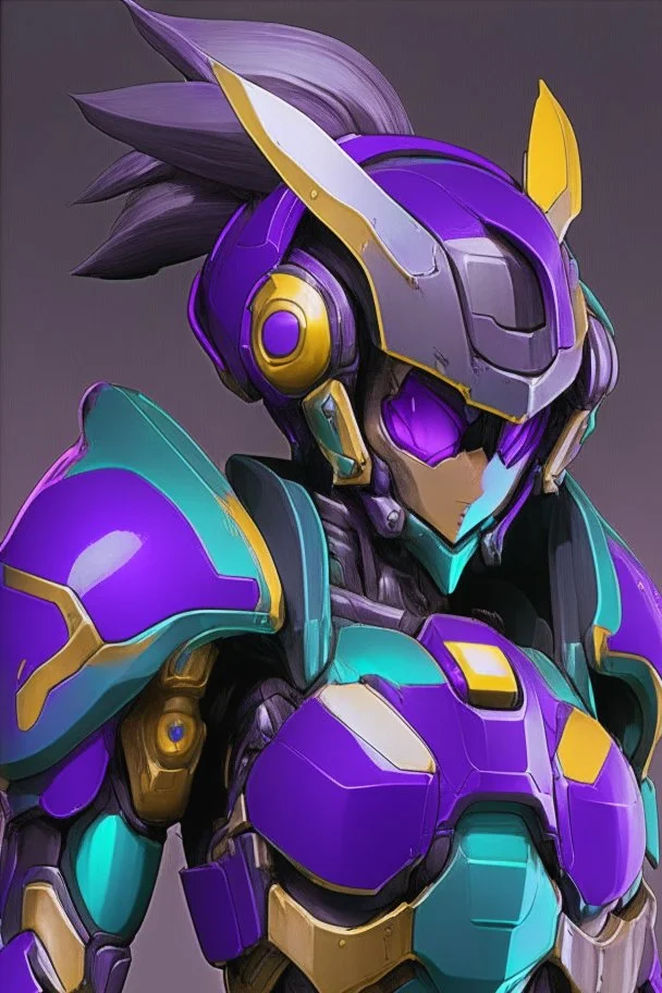 One Genderless Cyborg made of old metal, has a human like face with a really long violet ponytail, the armor is similar to Omega from Megaman. The color palatte of the armour is deep purple and yellow. They have clear visor, and have Turquoise colured eyes. The Background is dark grey.