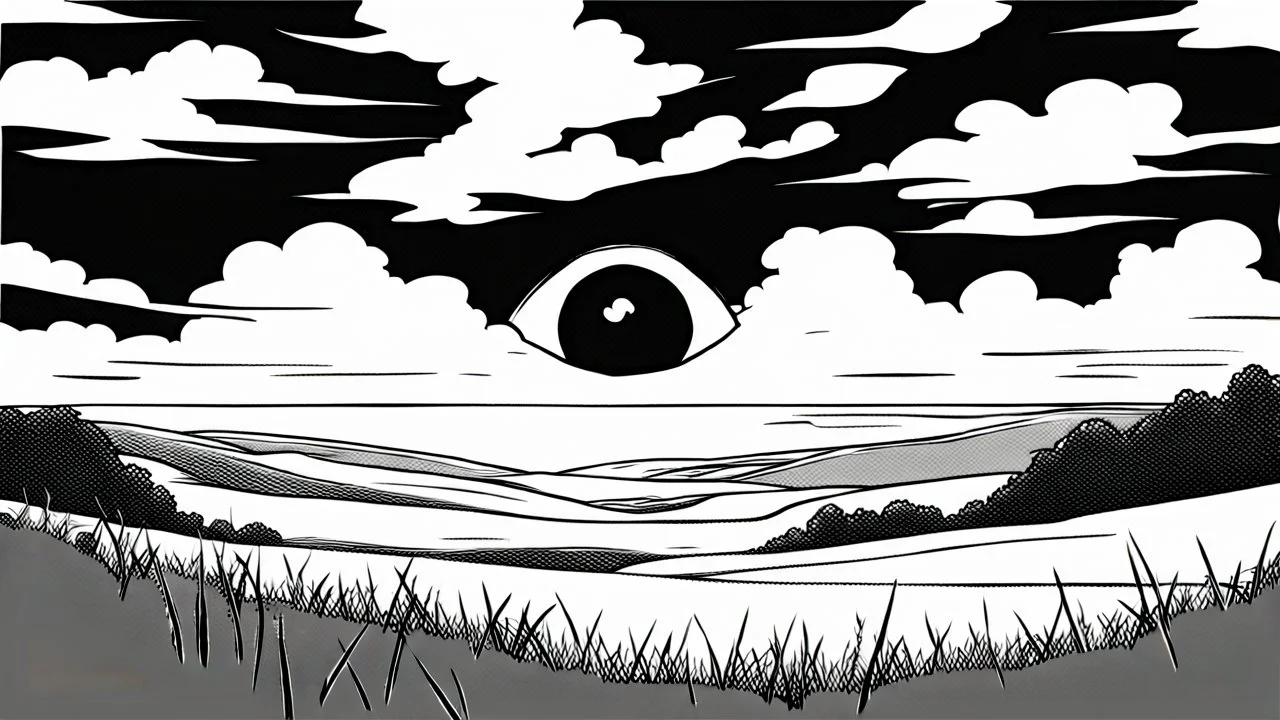 floating eye, anime, monochrome, black background, ink, simple, maximum quality, broken hinge, barely functioning, centered on frame, far view, in the middle of a grassy hill, white sky with cumulonimbus
