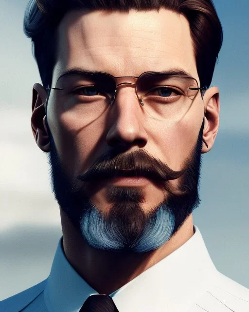 Handsome human male, aviator, clear glasses, educated man, trimmed beard, blue eyes, slick blonde hair, full-scale head and shoulders portrait, concept art portrait by Greg Rutkowski, WLOP, Alphonse Mucha dynamic lighting hyperdetailed intricately detailed Splash, volumetric lighting fantasy