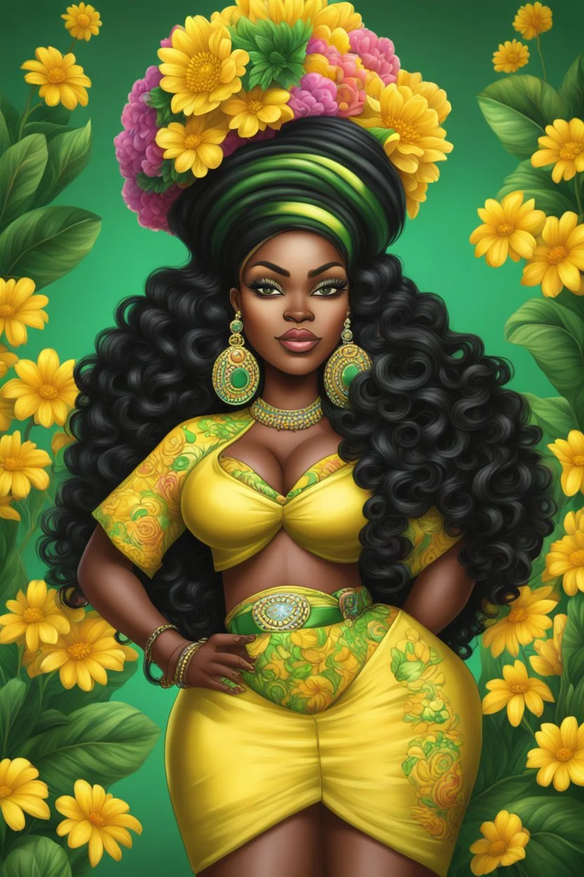 Create a digital airbrush cartoon of a curvy African female wearing Nigeria outfit that's yellow, green and black. Prominent make up with hazel eyes. Highly detailed very long extremely curly black hair. Her skin is smooth and silky. Background of a judge full of colorful flowers