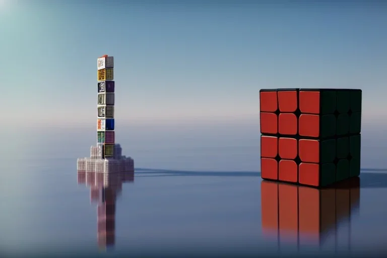 A single, tall Rubik cube skyscraper tower