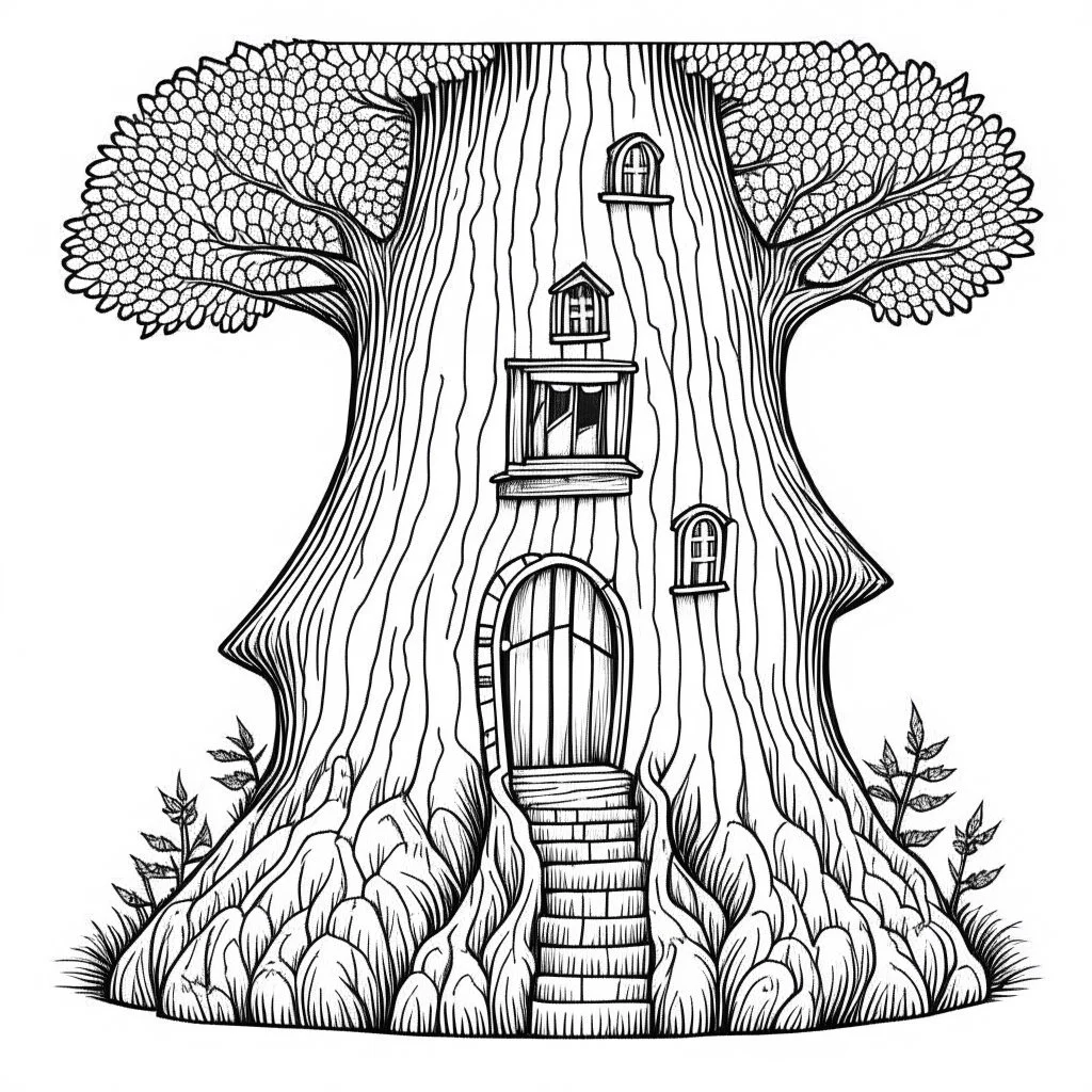 A fairy house carved inside a tree trunk, exact shape, real image, minimal lines, white back ground color, real style, realistic, minimalistic, minimal black line art, line art, crisp line art, unique coloring sheet, outlined, outline, crisp, crisp line edges, illustration, thin lines, crisp clear lines, line art, clean line art, unique, 8k, no colors, no dark color, no black color, avoid thick black, minimalistic line edges, pure white back ground,