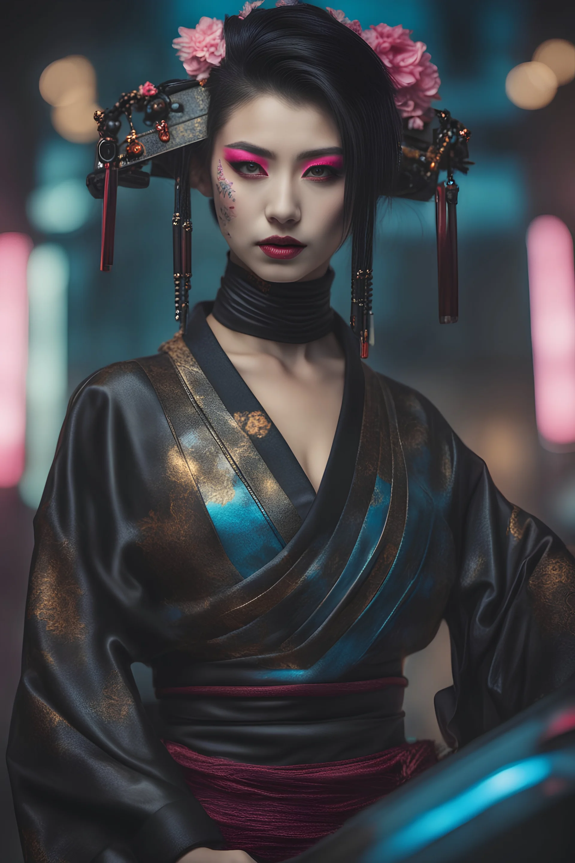 Ultra realistic photo beautiful cyberpunk geisha woman , futuristic style, HOF, captured with professional DSLR camera, 64k, ultra detailed,