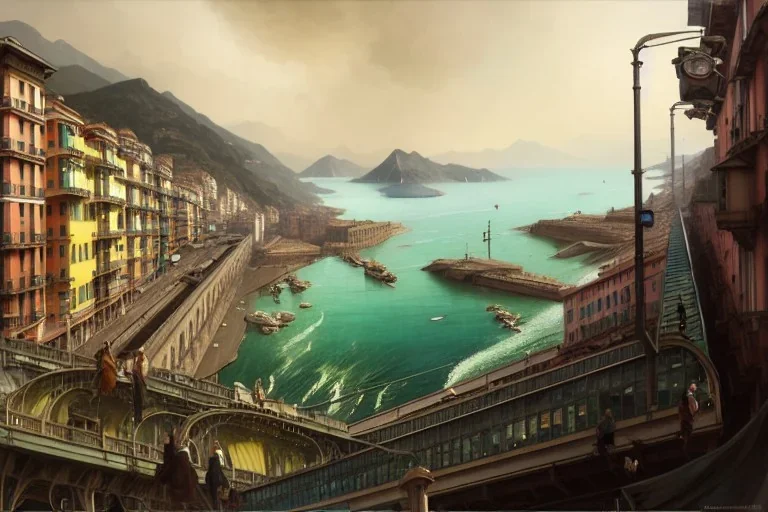 Train+Elevated Train pass on sea+trains+ corner building on sea+riomaggiore+genoa street+turin+Italian medieval town+Italian city+alphonse mucha, greg rutkowski,matte painting, cryengine, hyper detailed, felix kelly, fantasy art, seb mckinnon