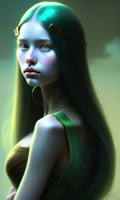 young girl, cute, beautiful, long hair, black hair, green skin, brown eyes, turquoise dress, head and shoulders portrait, 8k resolution concept art portrait by Greg Rutkowski, Artgerm, WLOP, Alphonse Mucha dynamic lighting hyperdetailed intricately detailed