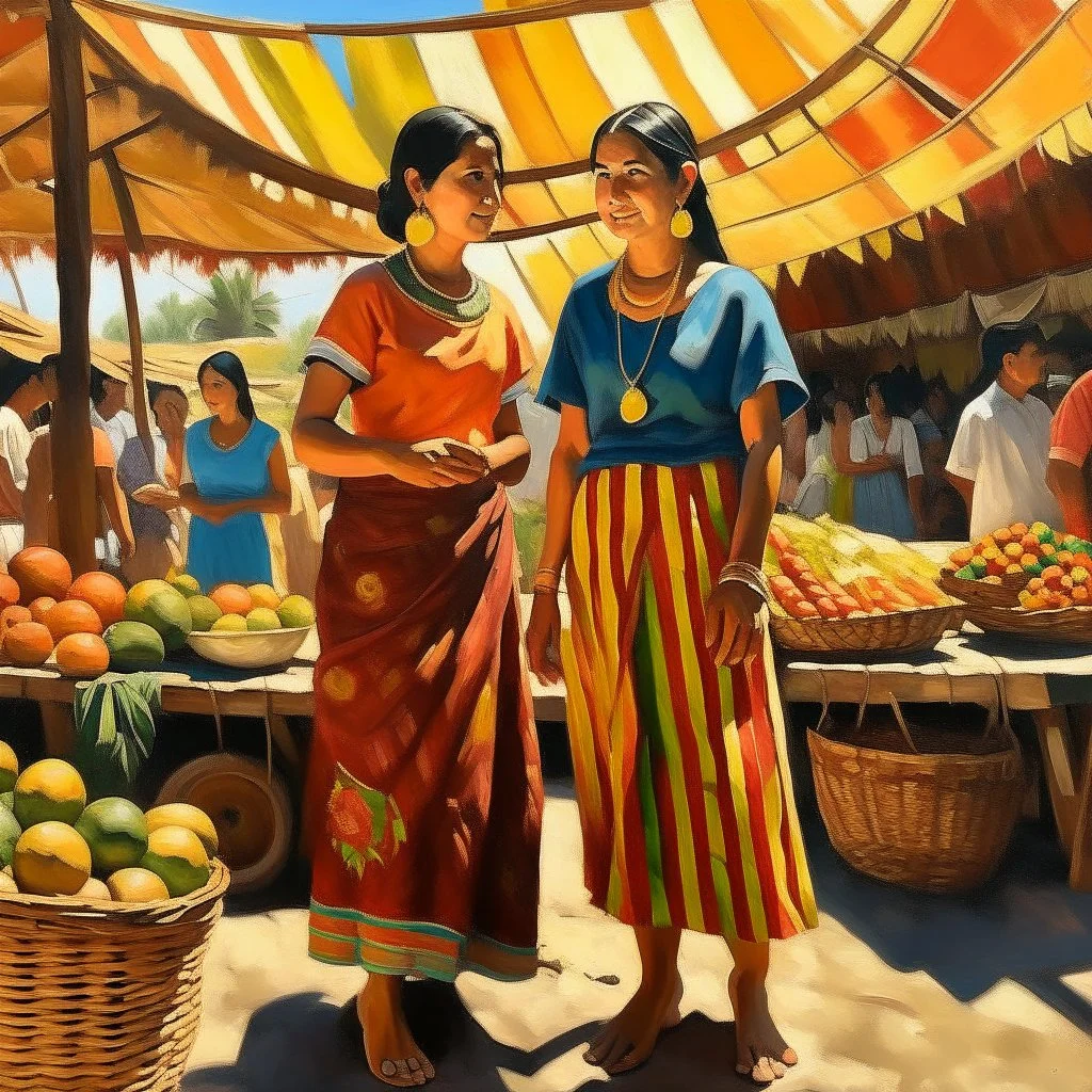 2 mexican woman painting standing at a market neoclassism whole body zoom the sun